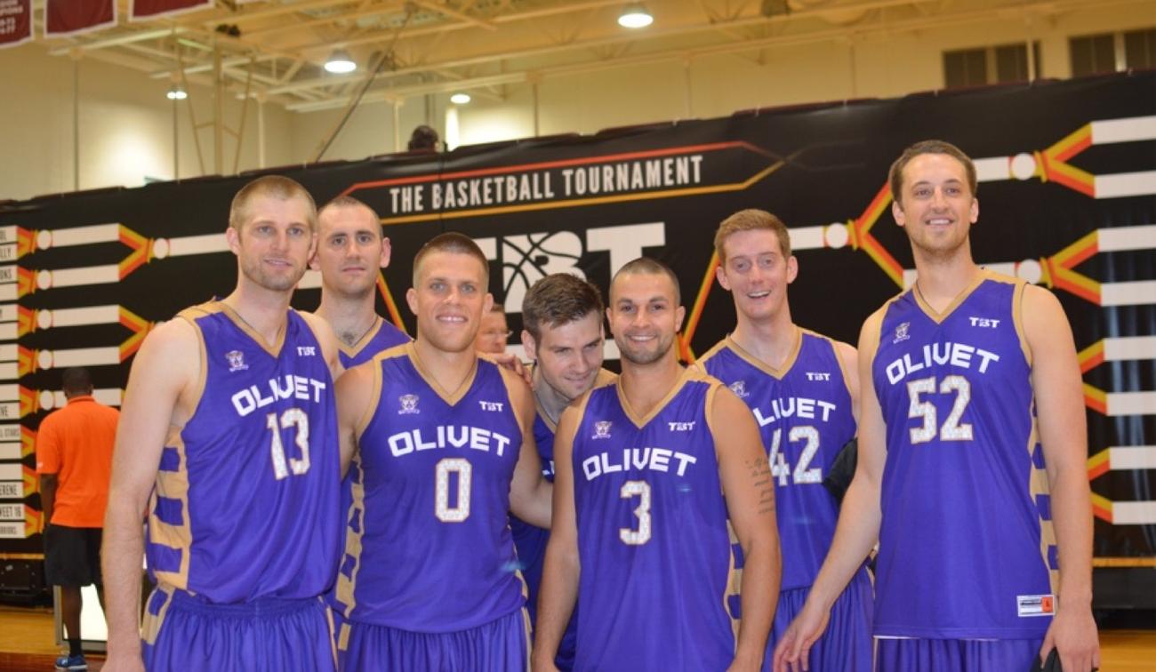 The Olivet Nazarene ONU Tigers in purple jerseys at the first TBT